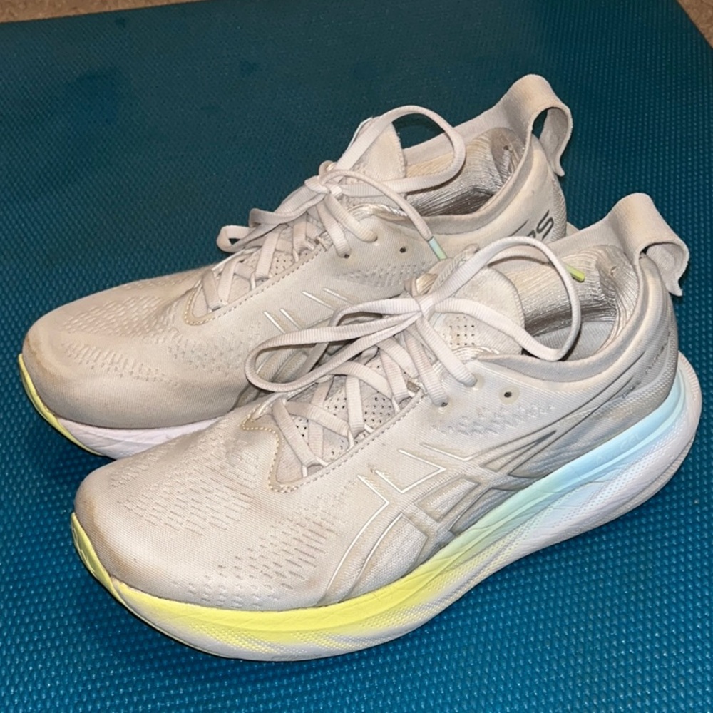 Asics Nimbus 25 Running White and Yellow Athletic Shoes